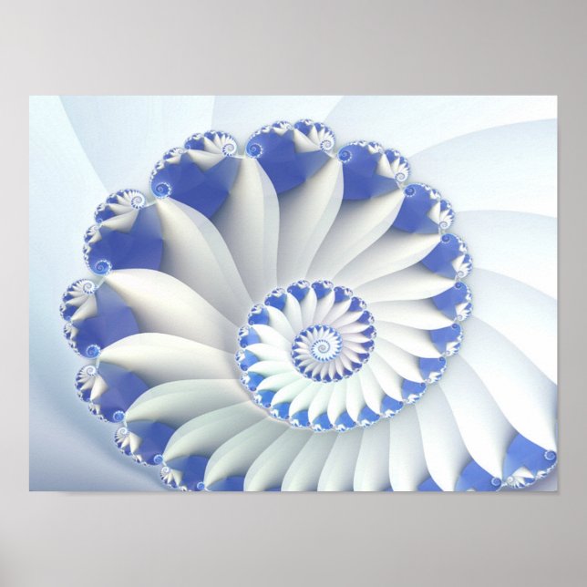 Poster Linda Arte Fractal de Shell Azul e Branco (Frente)