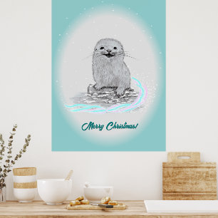 Poster Linda Bebê de Lontra Marinha Branca, Feliz Natal