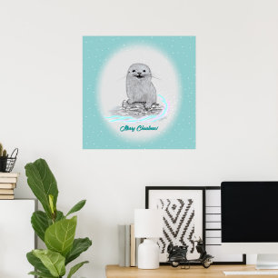 Poster Linda Bebê de Lontra Marinha Branca, Feliz Natal