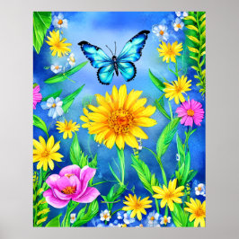 Poster Linda Borboleta Azul em Prado Flor