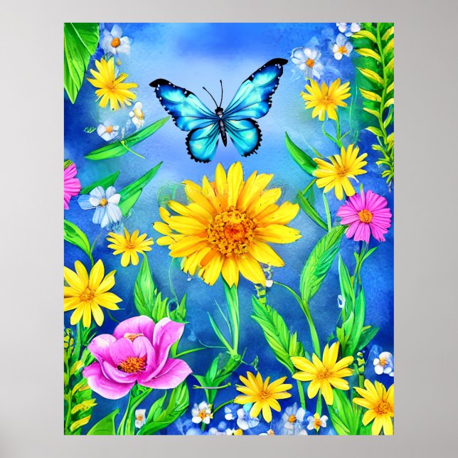 Poster Linda Borboleta Azul em Prado Flor (Frente)