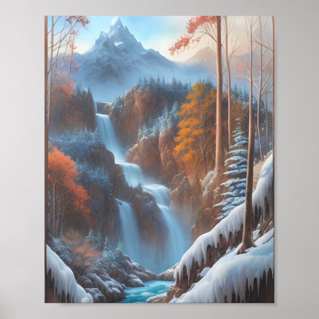 Poster Linda cachoeira em uma floresta nevada (Frente)