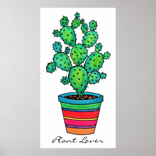 Póster Linda Cactus Watercolor Em Belo Pote (Frente)