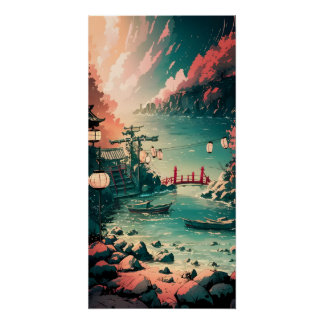 Póster Linda Cena de Portos de Aquarela Japonesa