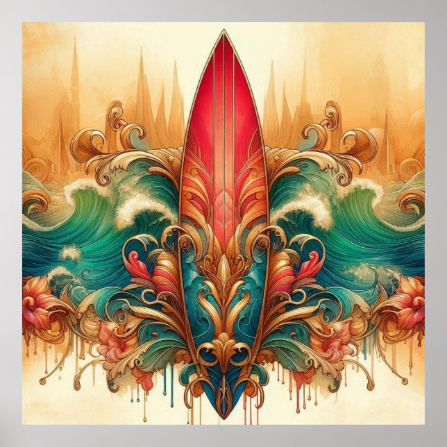 Poster Linda cor do oceano na moda de prancha de surfe (Frente)