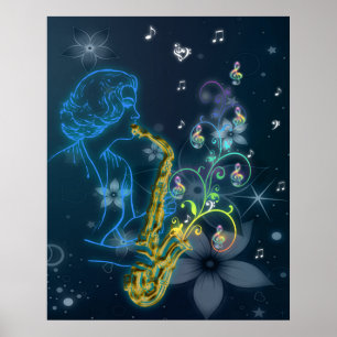 Póster Linda e legal senhora azul brilhante tocando músi