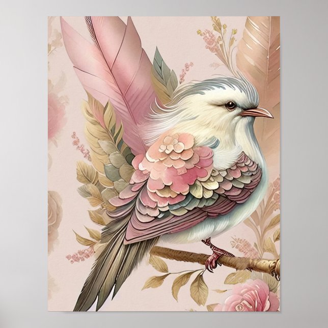 Poster Linda Estampa de Pássaro Rosa Penas de Marfim Rosa (Frente)