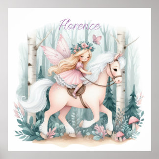 Poster Linda fada cavalgando em uma floresta encantada