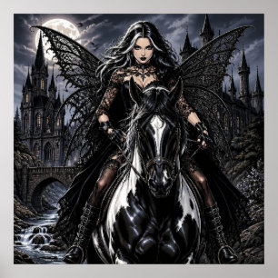 Poster Linda Fada Gótica em Cavalo Preto
