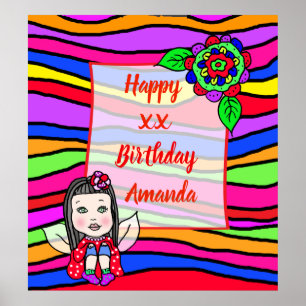 Poster Linda Fada Menina Caucasiana Feliz Aniversário