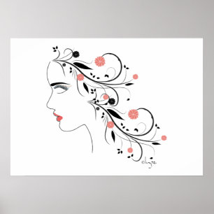 Poster Linda figura feminina com flores e espirais