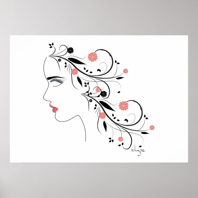 Poster Linda figura feminina com flores e espirais (Frente)