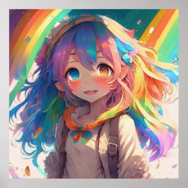 Poster Linda Garota de Anime com Arco-íris