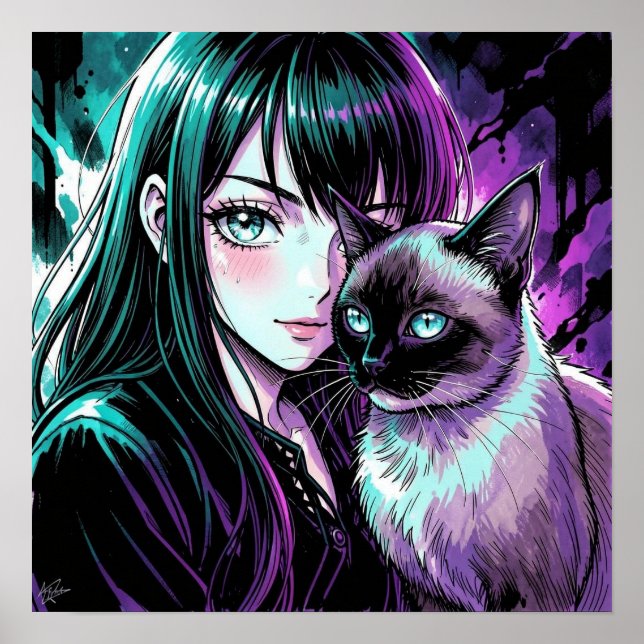 Poster Linda Garota de Anime e Gato Siames (Frente)