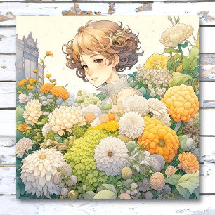 Póster Linda Garota de Anime em Flores Amarelas e Brancas