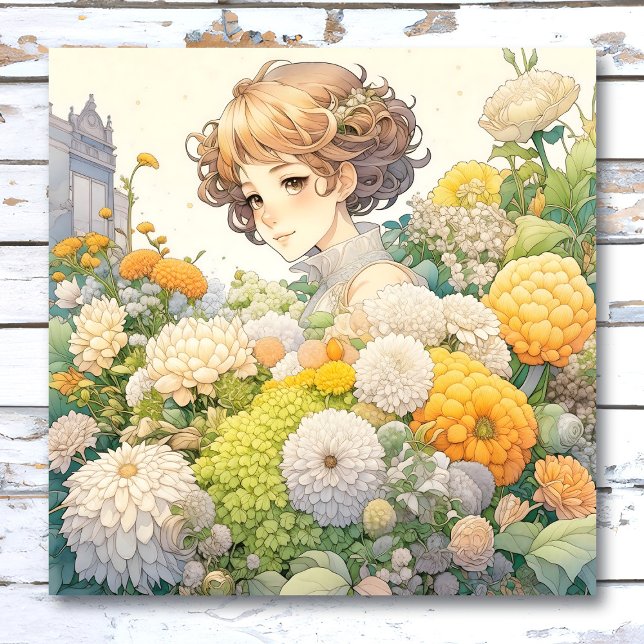Póster Linda Garota de Anime em Flores Amarelas e Brancas (Criador carregado)