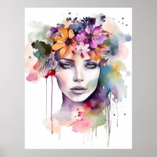 Poster Linda Garota de Aquarela com Flores no Cabelo