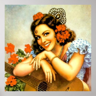 Poster Linda Garota do Calendário Mexicano com Violão