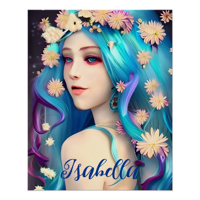 Póster Linda Garota Etérea com Flores Personalizadas (Frente)