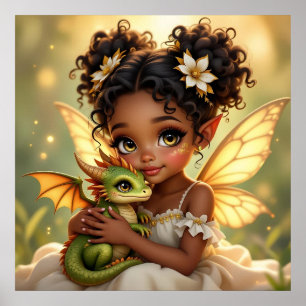 Poster Linda Garota Fada de Anime e Dragão Chibi