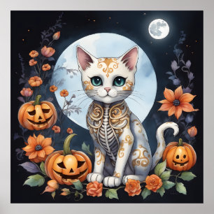Poster Linda Lua Floral de Halloween de Gato - Fé Whimsso
