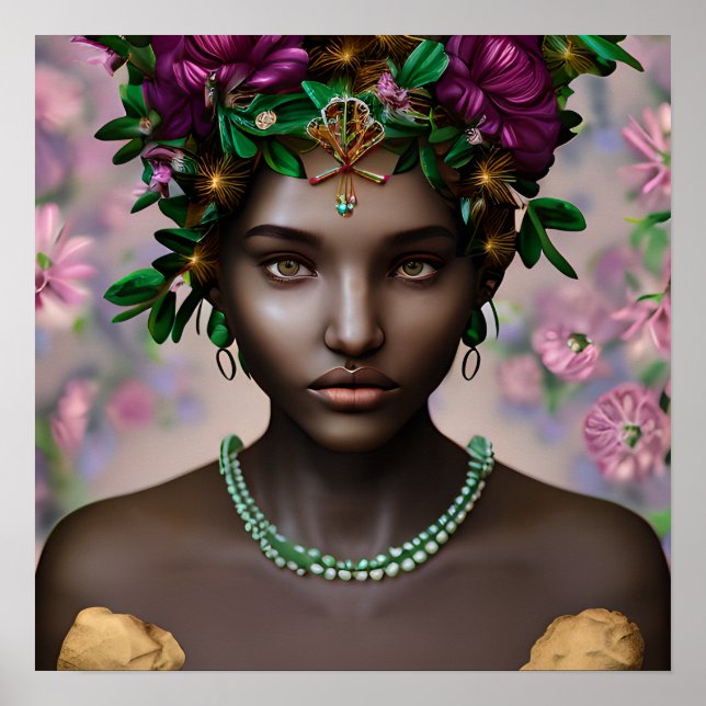 Poster Linda mulher afro-americana com flores (Frente)