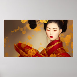 Poster Linda mulher asiática geisha vermelho dourado 2