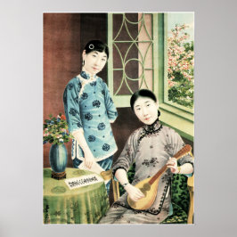Poster Linda mulher chinesa retrata música chinesa velha