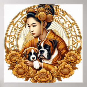 Poster Linda Mulher com Boxer Mãe e Pup