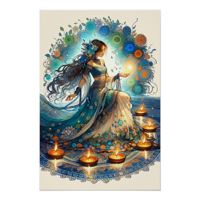 Póster Linda Mulher Diwali e Rangoli (Frente)