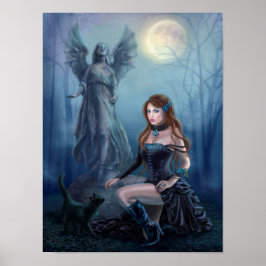 Póster Linda mulher fantasiosa com gato preto