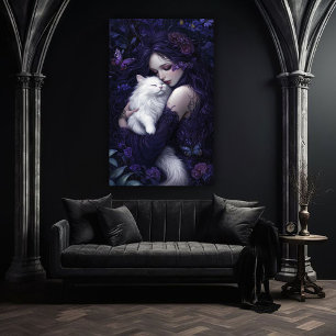 Poster Linda Mulher Gótica e seu Gato Branco