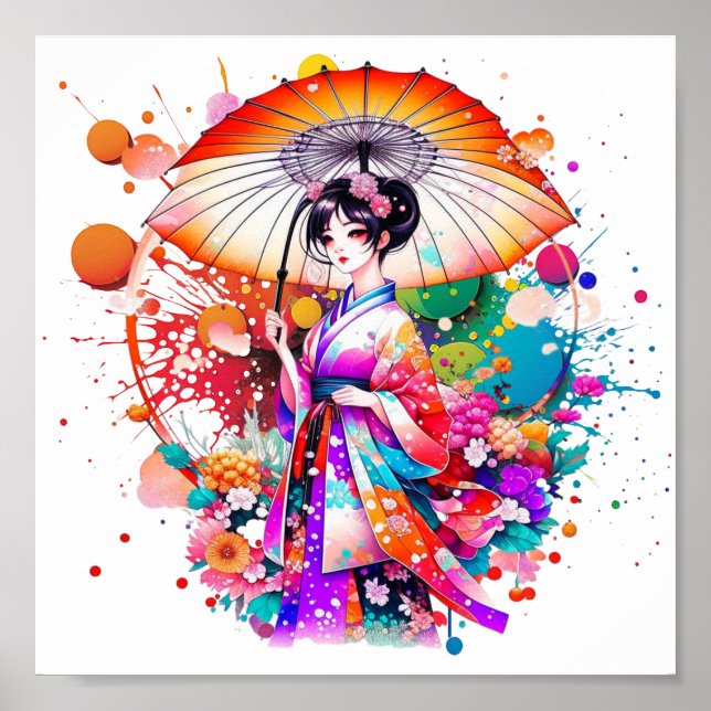 Poster Linda mulher japonesa em Kimono Parasol (Frente)