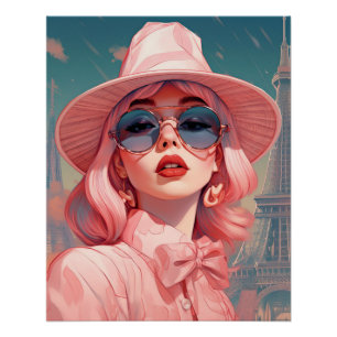 Póster Linda mulher parisiense a rosa