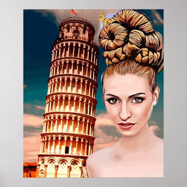 Poster Linda mulher que se inclina na torre de pisa abstr (Frente)
