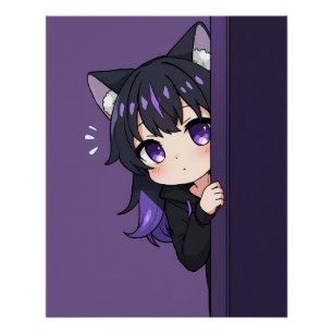 Póster Linda Neko Chibi Curiosa – Garota Gato Roxa Tímida