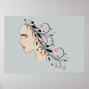 Póster Linda perfil feminino com flores e espirais