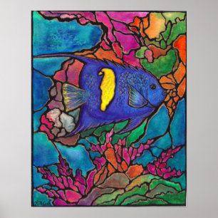 Póster Linda pintura de recife de coral Angelfish Yellowb