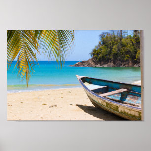 Poster Linda praia tropical com um barco a remo