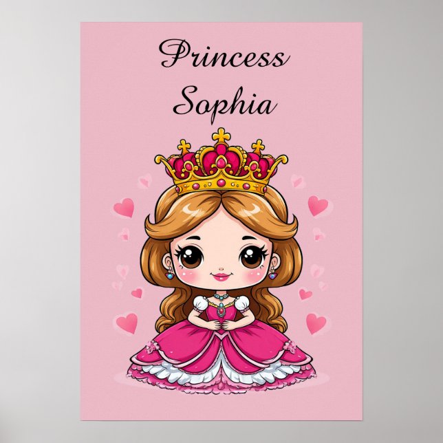 Poster Linda Princesa de Desenho Animado com Vestido Rosa (Frente)