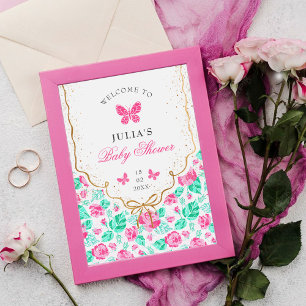 Poster Linda Rosa Floral Arco-íris Dourado Chá de Bebê
