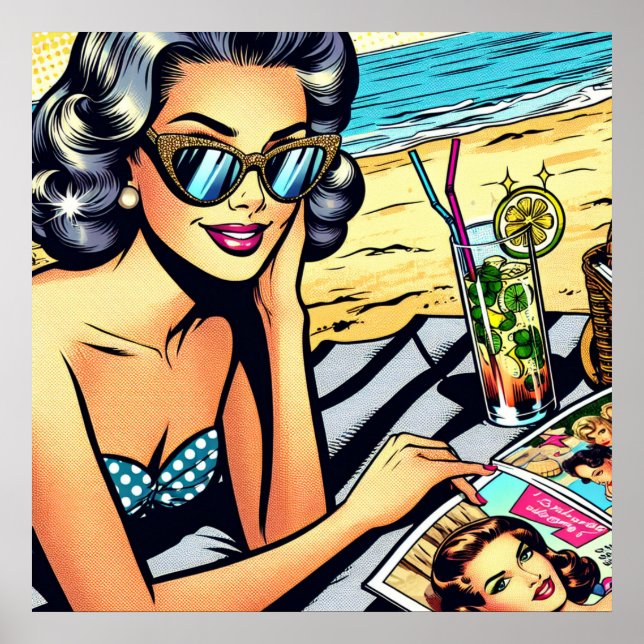 Poster Linda Senhora Retro na Praia com Cocktail (Frente)