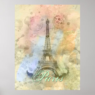 Póster Linda tenda, vintage Eiffel Tower França