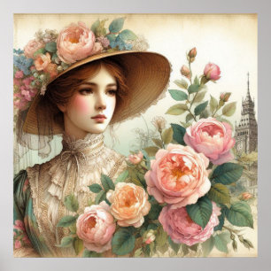 Poster Linda Vintage Inglês, Senhora Vitoriana e Rosas