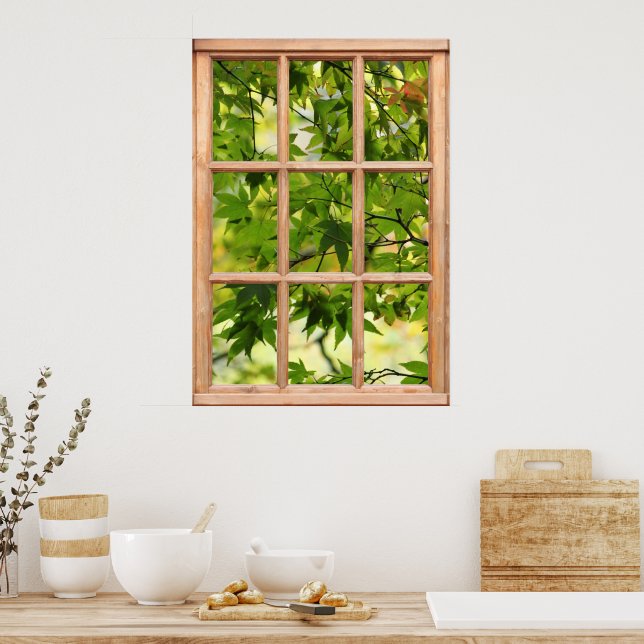 Póster Linda visão matinal das folhas de uma janela (Cozinha)