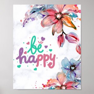 Poster Linda Watercolor Floral Be Happy