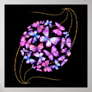 Poster Lindas Borboletas de Aquarela com Bling Dourado