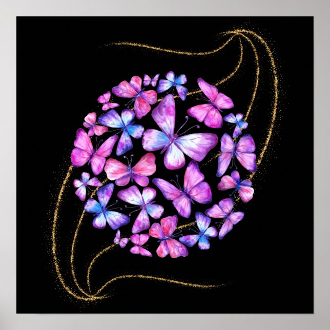 Poster Lindas Borboletas de Aquarela com Bling Dourado (Frente)