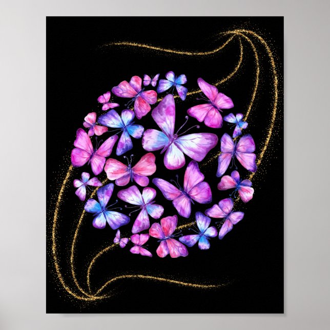 Poster Lindas Borboletas de Aquarela com Bling Dourado (Frente)