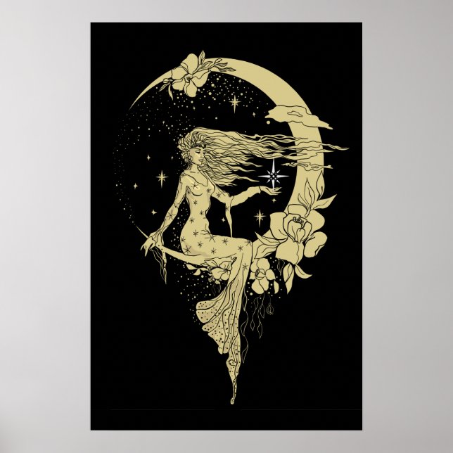 Poster Lindas estrelas da lua ilustração de arte feminina (Frente)